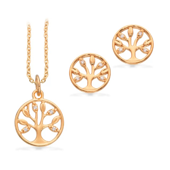 Pixel Smykkesæt Livets Træ med zirkonia sølv forgyldt