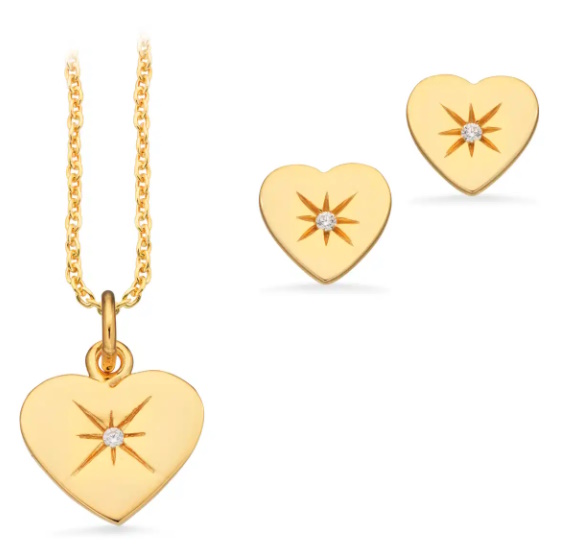 Pixel Smykkesæt hjerte med zirkonia i sølv forgyldt