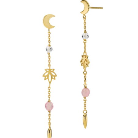 Øreringene er fremstillet i 18kt guldbelagt sterling sHenge ørering måner krystaller lotusblomster rosekvarts.