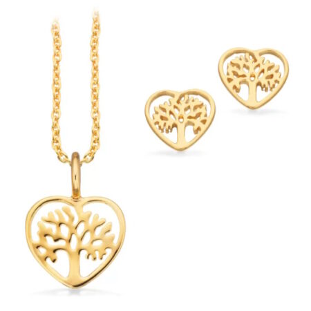 Pixel Smykkesæt Hjerte Livets Træ i sølv forgyldt