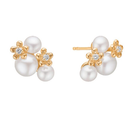 Ørestik med Ferskvandperler og diamanter i 8 kt Guld