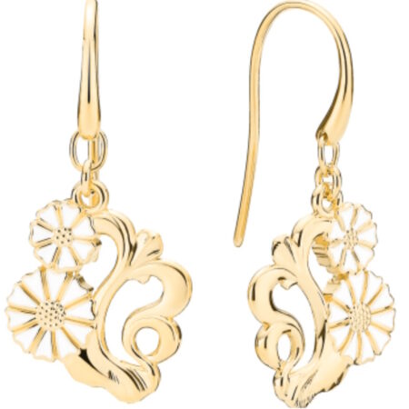 Marguerit Ørehænger Filgran, Hvid Emalje, 24 kt forgyldt