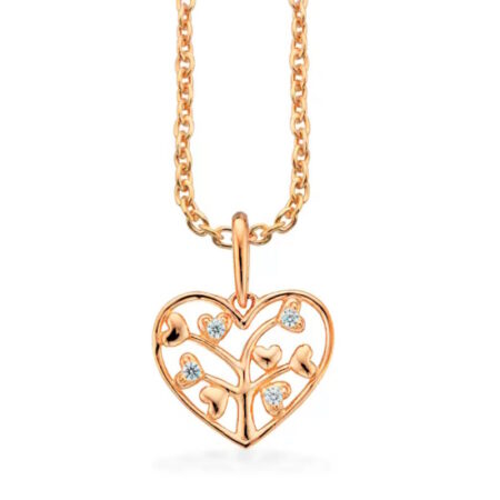 Hjertevedhæng med livets træ og cubic zirkonia i 8 kt. guld inkl. forgyldt sølvkæde