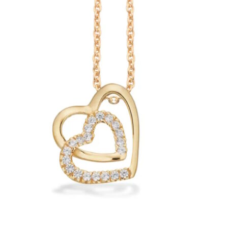 Dobbelt hjertevedhæng med cubic zirkonia i 8 kt. guld inkl. forgyldt sølvkæde